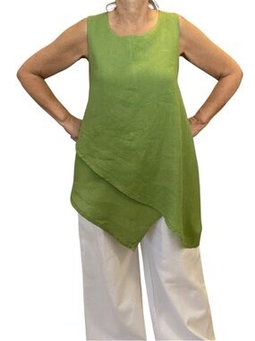 100% Linen Asymmetric Sleeveless Tunic Top - Green fits Size M made in Italy 🇮🇹
